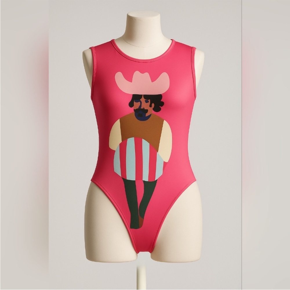 NWOT Zara Justine Franco Print Hot Pink Bodysuit Top Size M